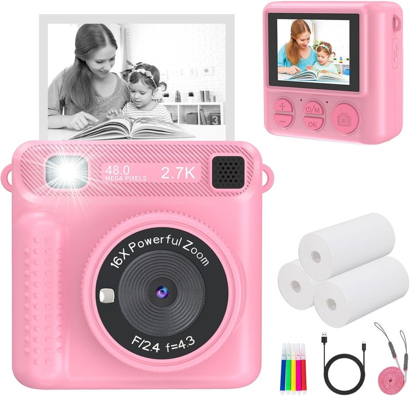 JPVERLY Kids Instant Print Camera - Christmas & Birthday Gift for Boys and Girls Ages 3-12, HD Digital Video Camera Toy with 3 Rolls Printing Paper & 32GB Card (Pink) - Image 1